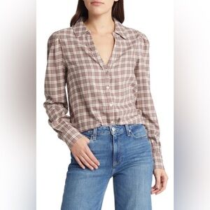 Paige Top Womens Large coffee /Cream Plaid Josslyn Blouse Cotton Long Sleeve